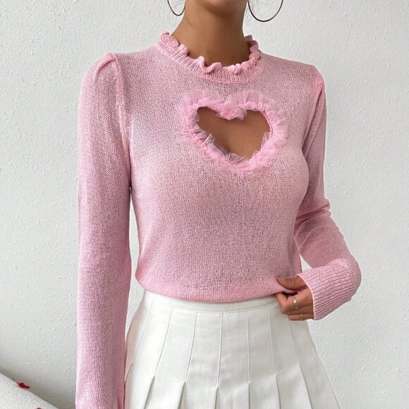 Pink Casual Women's Long Sleeve Sweater With Flounce Trim And Decorative Edges - Picture 3 of 5